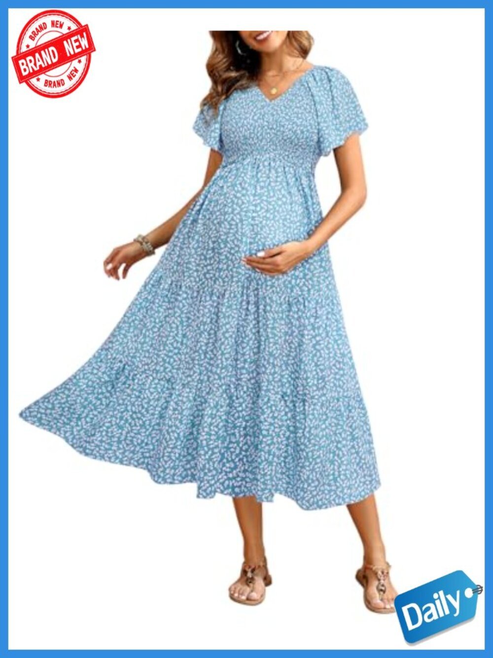 Maternity Midi Dress Smocked V-Neck Flutter Sleeve A-Line Baby Shower Photoshoot